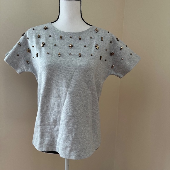 J. Crew Tops - **J. CREW* Gray x Brown Beaded Fashion Short Sleeve Top Size Small